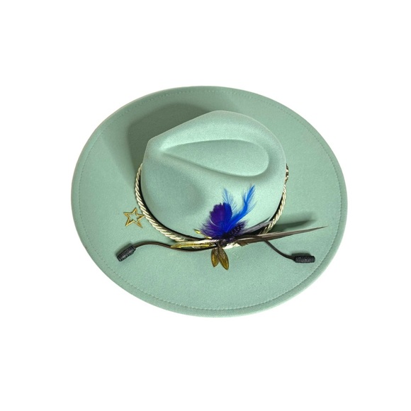 Unisex Customized wide brim teal Fedora hat. - Picture 2 of 14